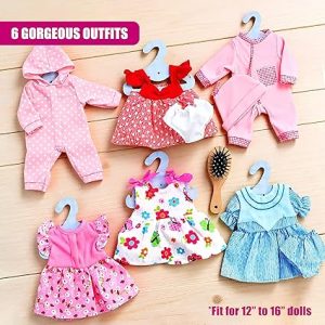 bibi doll set of 6 baby doll clothes 12" to 16" floral & polka dot dresses & outfits, toys & accessories for christmas & birthday gifts, boys & girls aged 3 years+