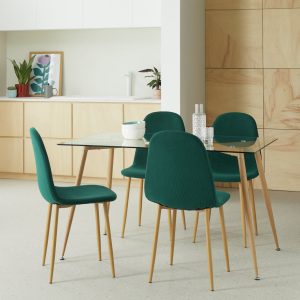 Habitat Beni Glass Oak Dining Table & 4 Green Chairs