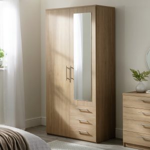 Home Brisbane 2 Door 3 Drawer Mirror Wardrobe - Oak