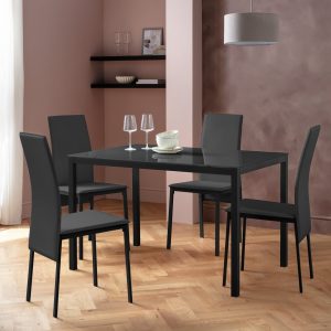 Home Lido Glass Black Dining Table & 4 Black Chairs