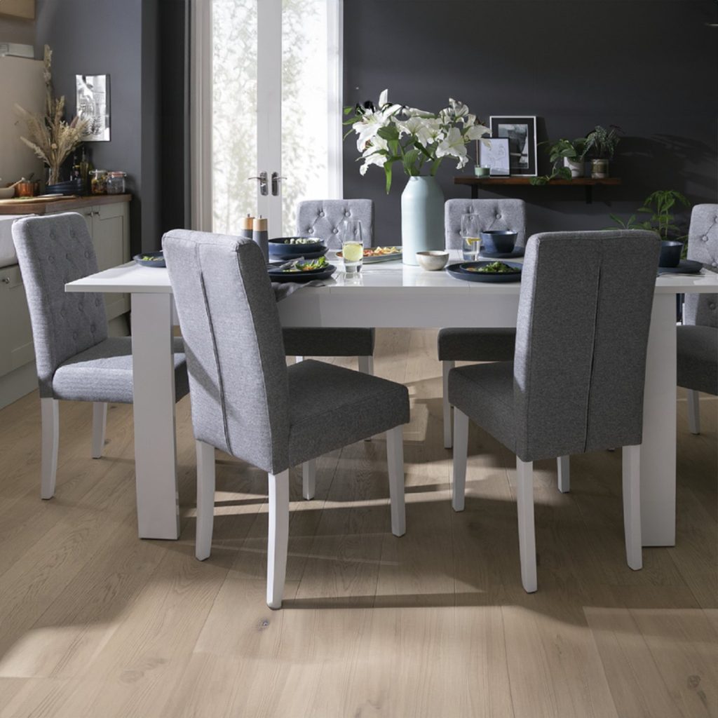 Home Miami Extending White Dining Table &6 Grey Chairs