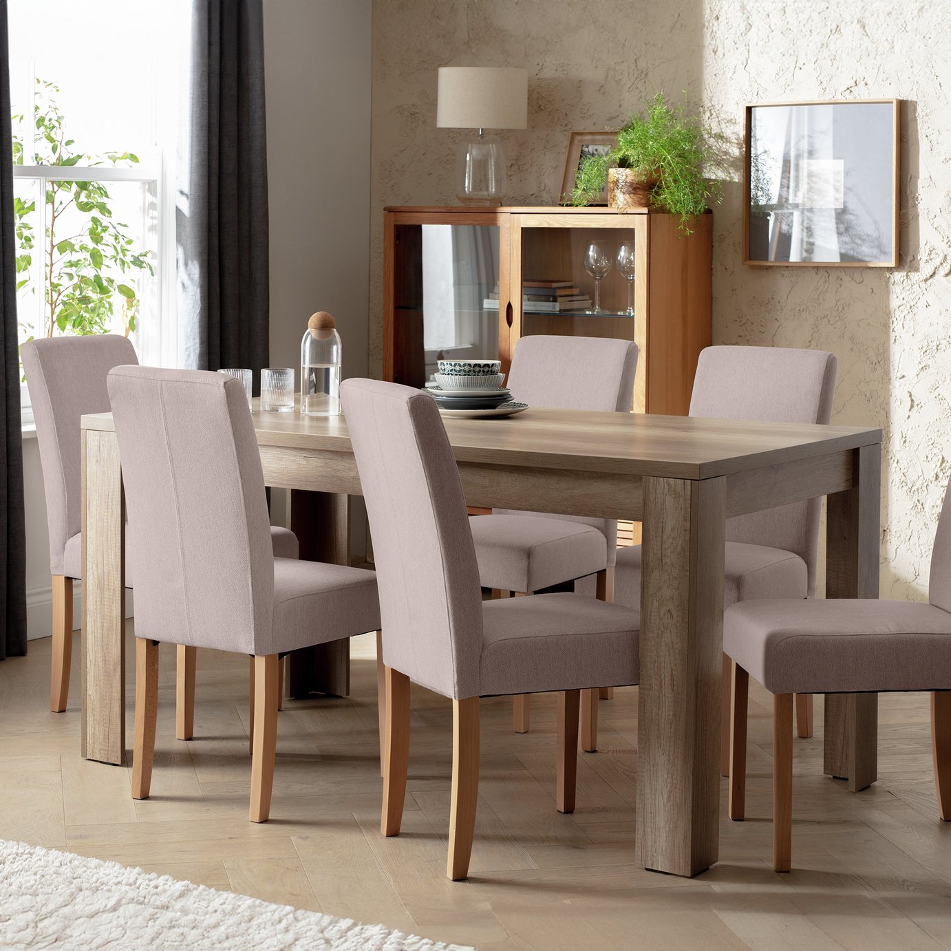 Home Preston Oak Dining Table & 6 Brown Chairs